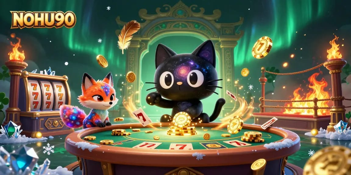Engage with NOHU90's vibrant cosmic casino scene, where a black hole cat draws in golden chips and cards.