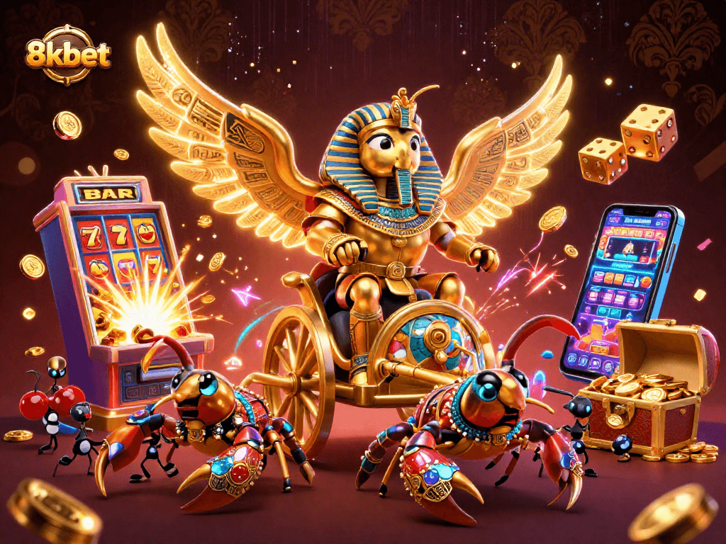 Engage with 8kbet's dynamic online gaming world featuring a golden scarab beetle and bursting jackpots.