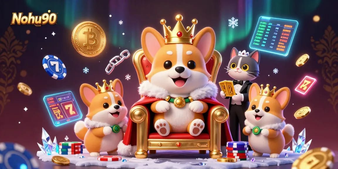 Nohu90 showcases a vibrant 3D illustration featuring a royal corgi on poker chips, surrounded by lively casino games.