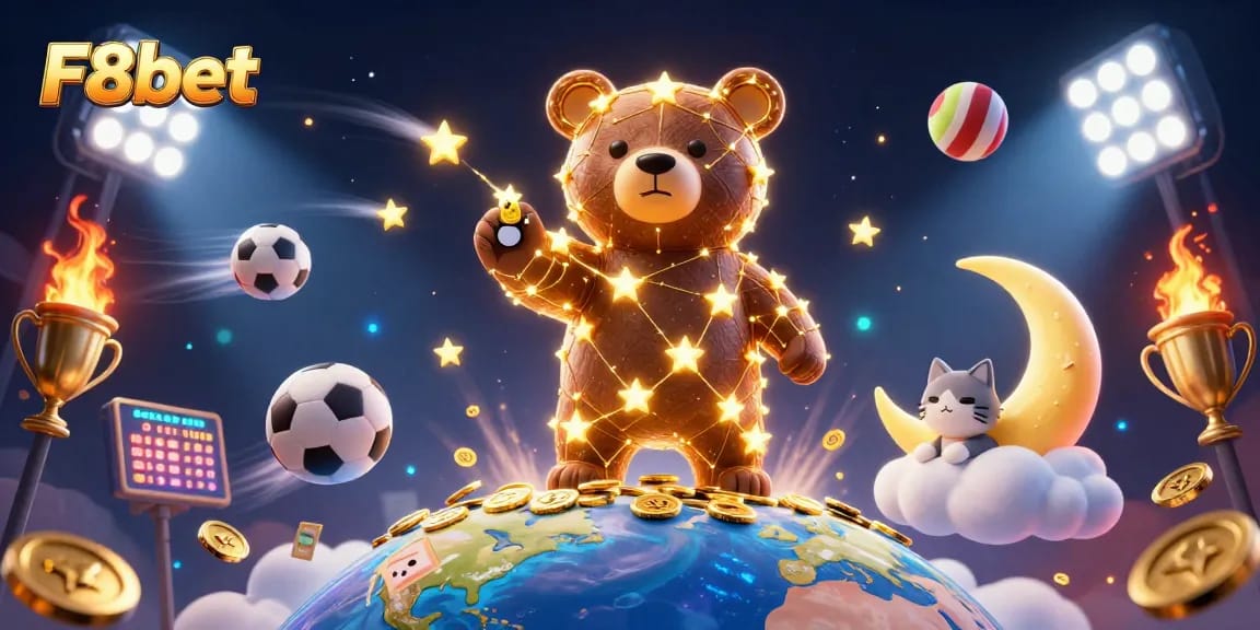 Engage with F8bet's vibrant casino universe featuring a constellation bear and dynamic sports elements.