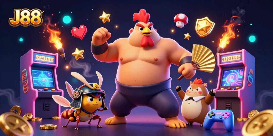Join the action at J88 as a powerful sumo wrestler rooster and fierce samurai cricket engage in an exciting casino-themed scene.
