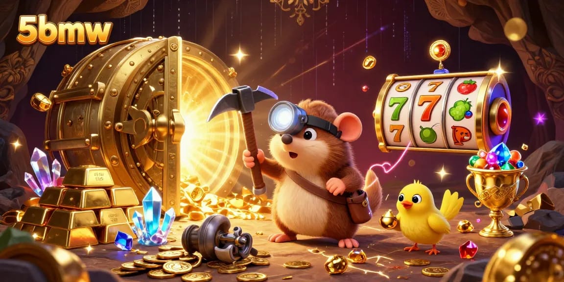 Engage with 5bmw's thrilling slots in this vibrant 3D illustration featuring dynamic casino elements.