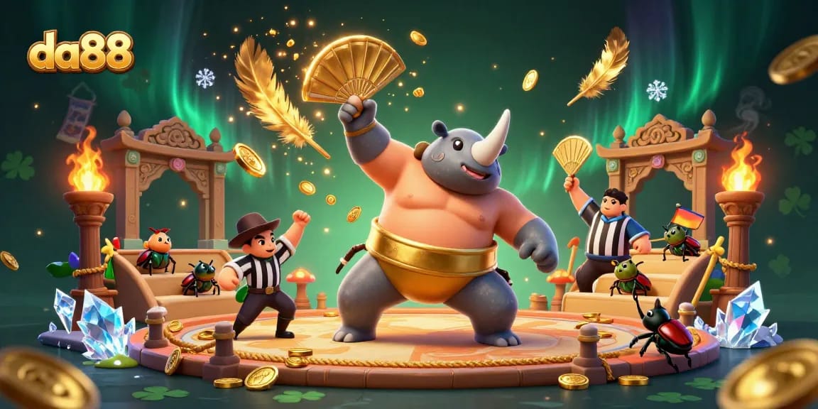 Experience thrilling da88 gaming action with a beetle sumo champion amidst flying gold coins.