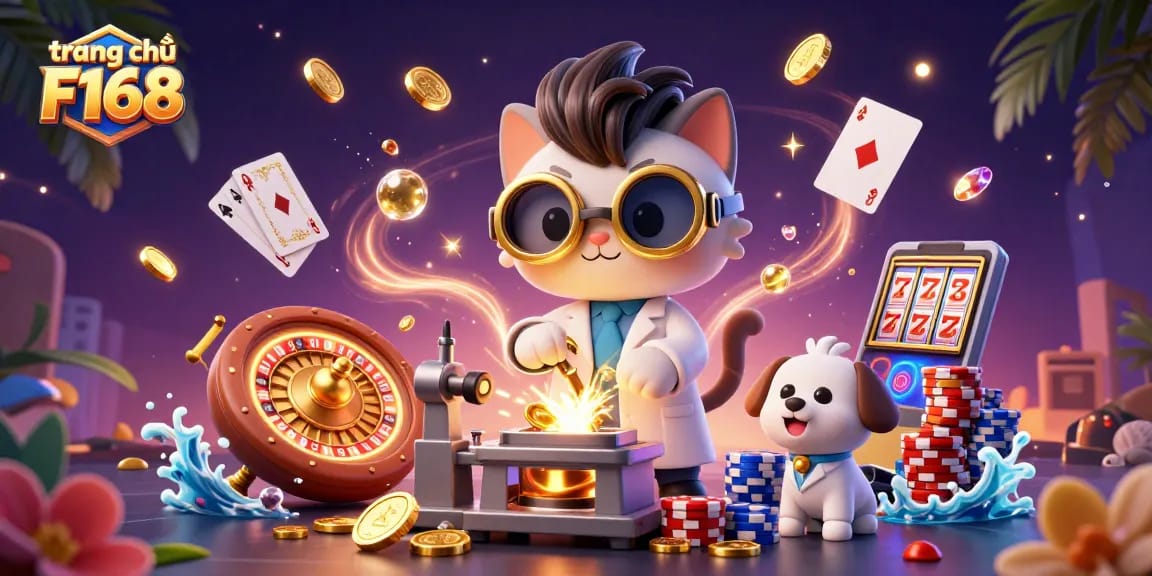 Experience the vibrant world of trang chủ F168 with a dynamic scene featuring cartoon characters, golden coins, and casino elements.