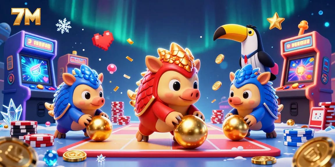 Engage in thrilling casino adventures with 7M as rival pangolins roll poker chips in a dynamic 3D scene.