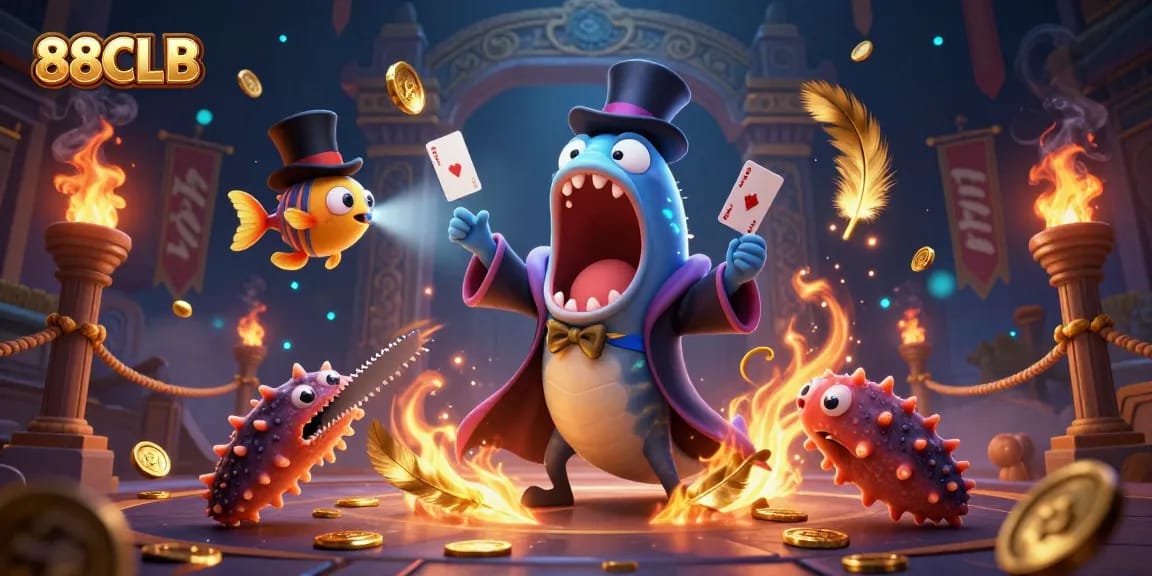 Experience the magic of 88CLB with a bioluminescent eel performing tricks and vibrant casino elements.