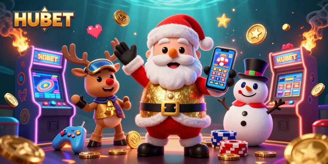 Experience exciting gameplay with HUBET's cartoon Santa and friends in a vibrant casino scene.