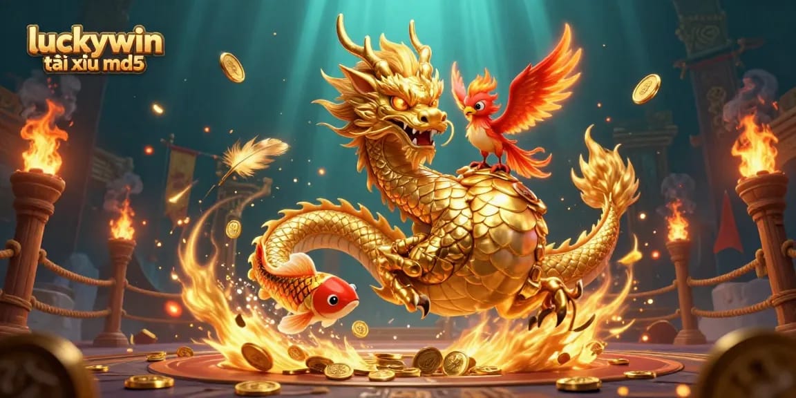 Experience luckywin tài xỉu md5 with a vibrant 3D digital illustration of a dragon and phoenix.