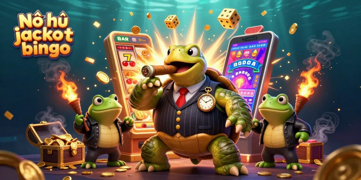 Nổ hũ jackpot bingo scene with a turtle in a suit and bullfrog enforcers surrounded by jackpot elements.