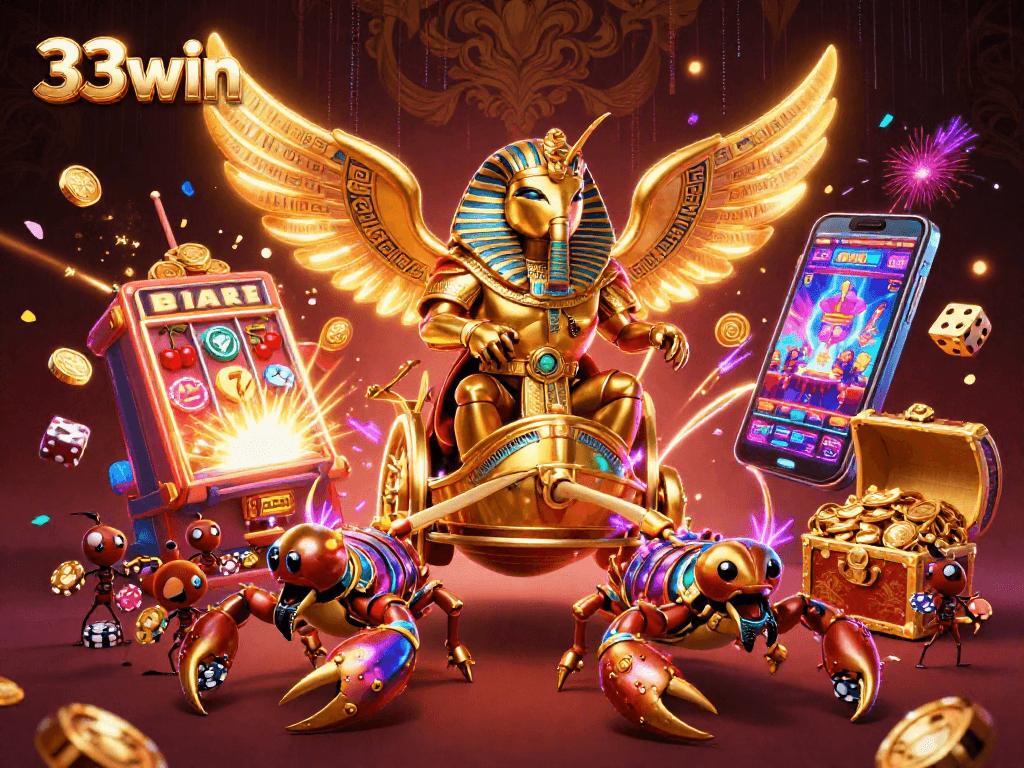 Experience the excitement of winning at 33win with a vibrant casino-themed 3D illustration.