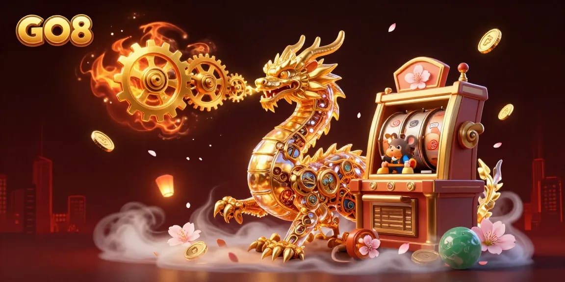 Experience thrilling action at GO8 with a golden dragon and spinning slot reels in a vibrant casino atmosphere.