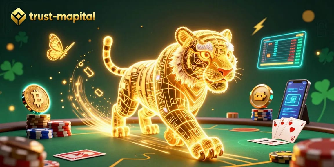 Engage with trust-m-capital's interactive online poker landscape featuring a neon tiger and poker elements.