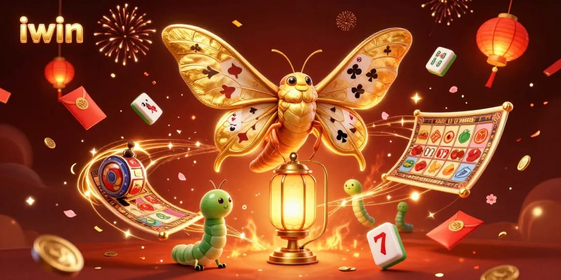Celebrate wins at iwin casino with a magical scene featuring golden moths and elaborate gaming elements.