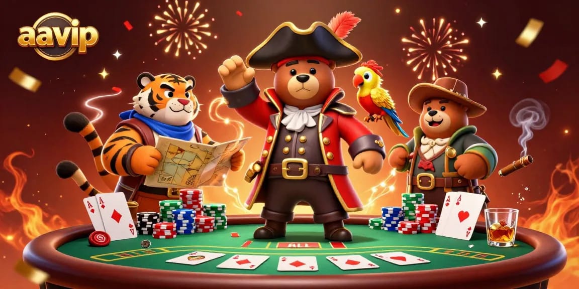 Engage with vibrant aavip casino action featuring a pirate bear and tiger at a packed poker table.