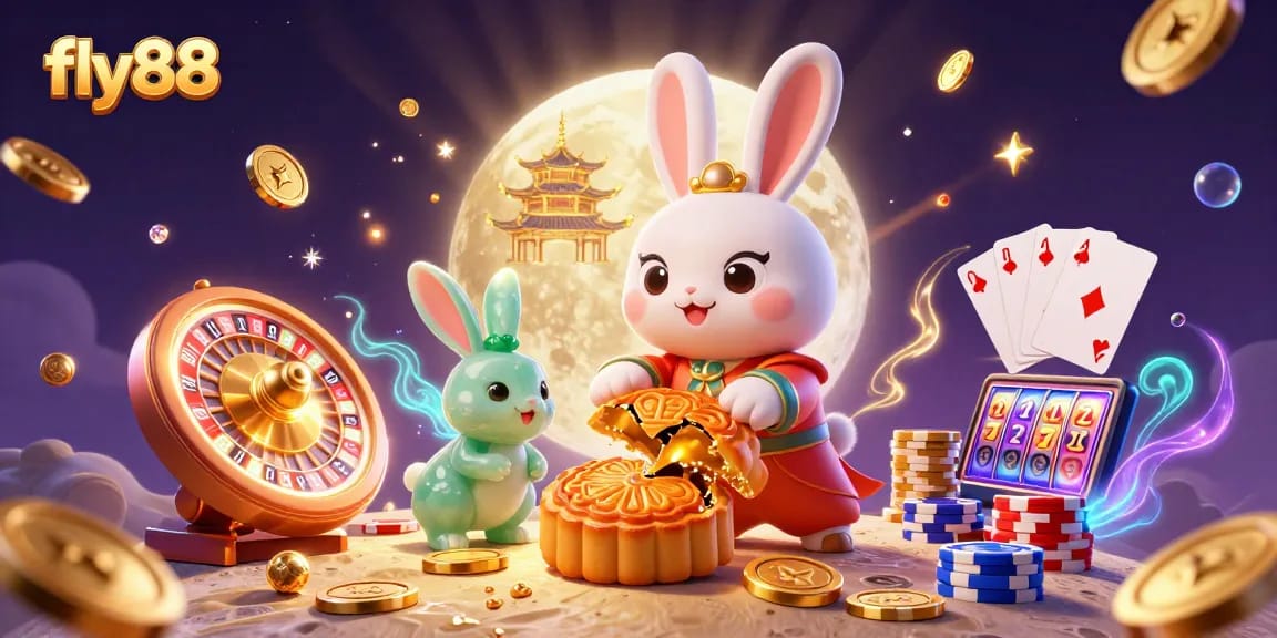 Engage with thrilling games at fly88, where a moon rabbit reveals hidden poker chips among magical casino elements.