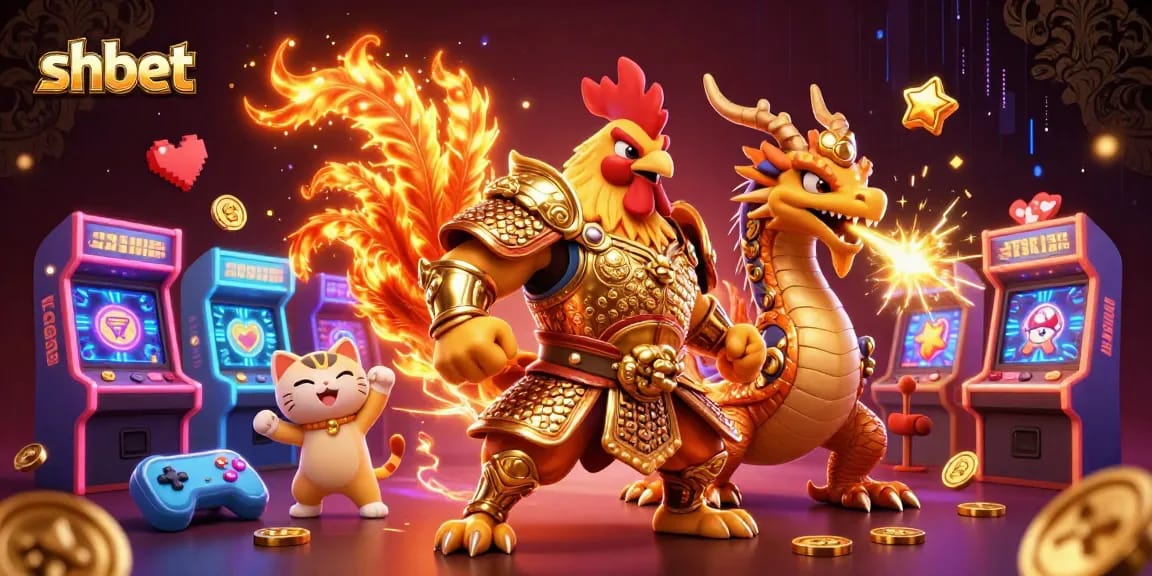 Engage with shbet's thrilling adventures featuring a rooster warrior and dragon hatchling amidst vibrant casino elements.