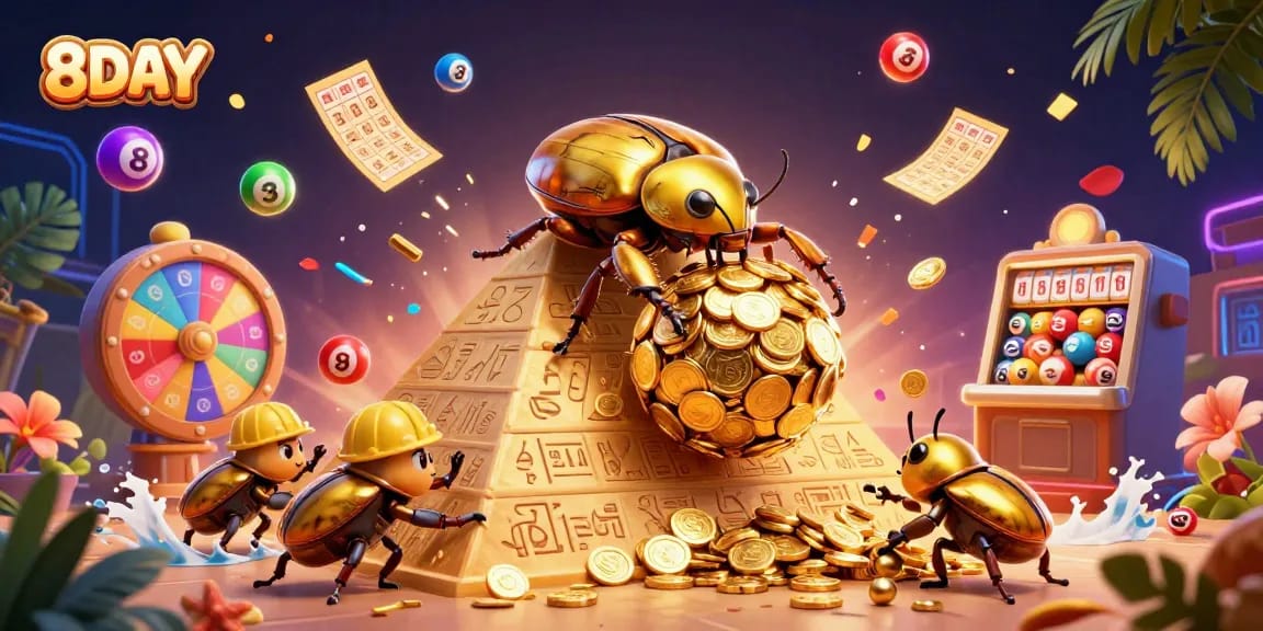 Engage with 8DAY's exciting casino atmosphere in a dynamic 3D illustration filled with vibrant gaming elements.