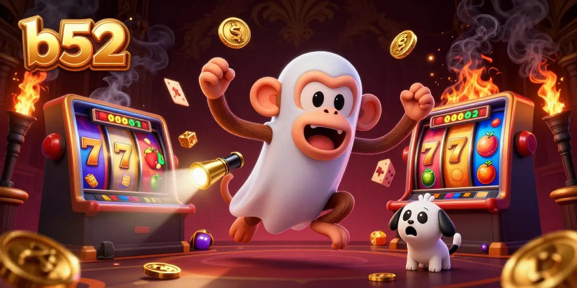 b52 casino adventure: mischievous monkey juggling golden coins in a vibrant casino scene