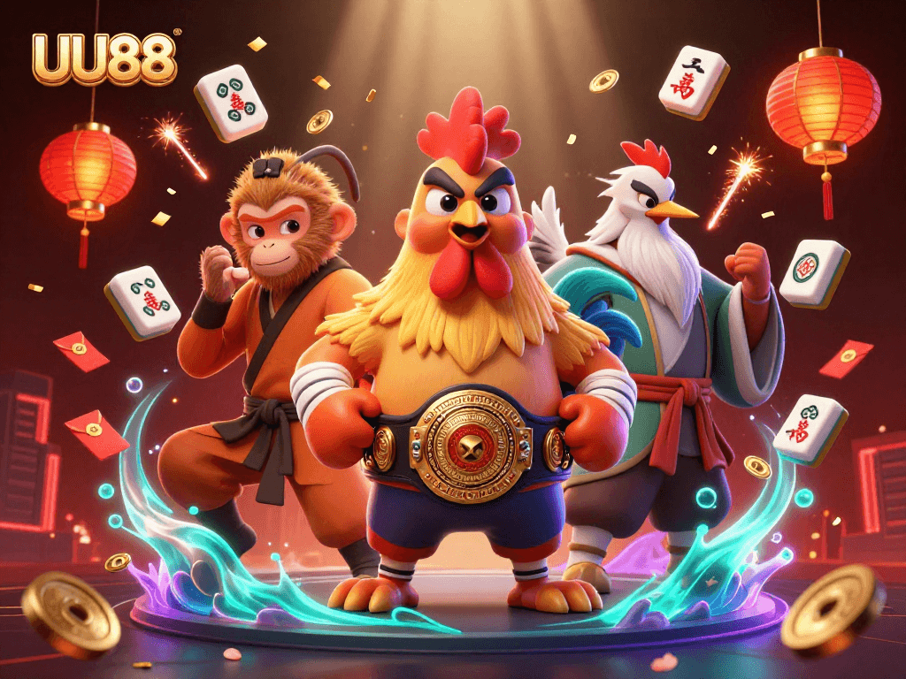 Experience the thrill of UU88 with dynamic characters and vibrant casino elements in this engaging illustration.