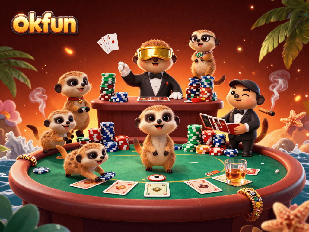 Experience thrilling poker action at okfun with meerkats illustrating casino operations in vibrant 3D.