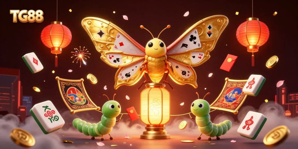 Experience the vibrant world of TG88 as the majestic moth showcases card suits amidst glimmering casino elements.