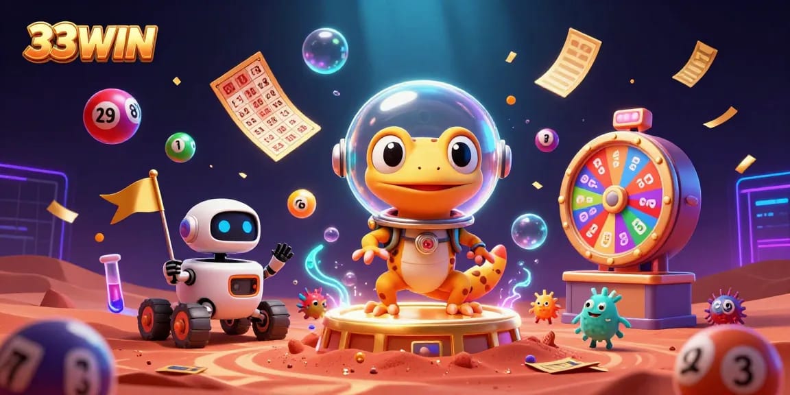 Experience thrilling gameplay at 33WIN with vibrant lottery elements and engaging casino characters.
