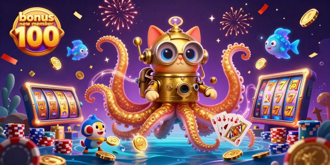 Engage with the exciting bonus new member 100 in a vibrant casino-themed illustration.