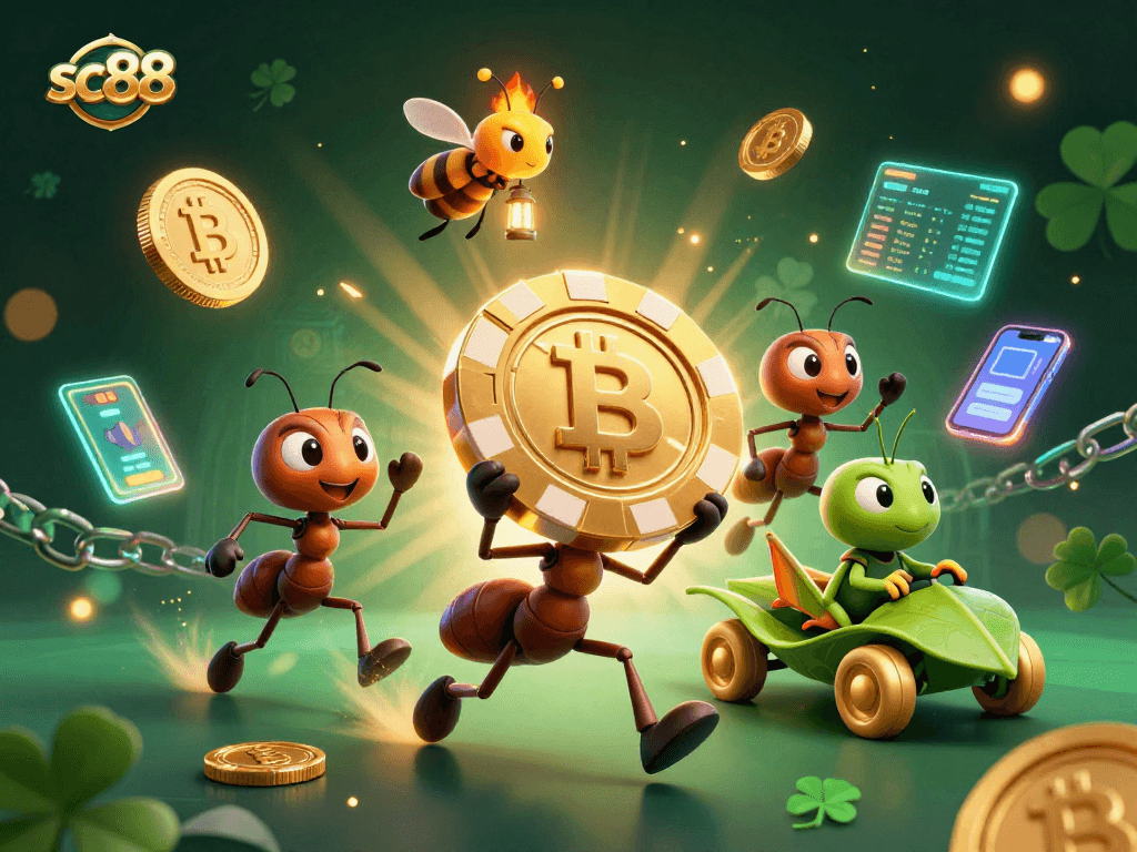 Watch the sc88 team of ants execute a thrilling heist featuring a golden poker chip and vibrant crypto elements.
