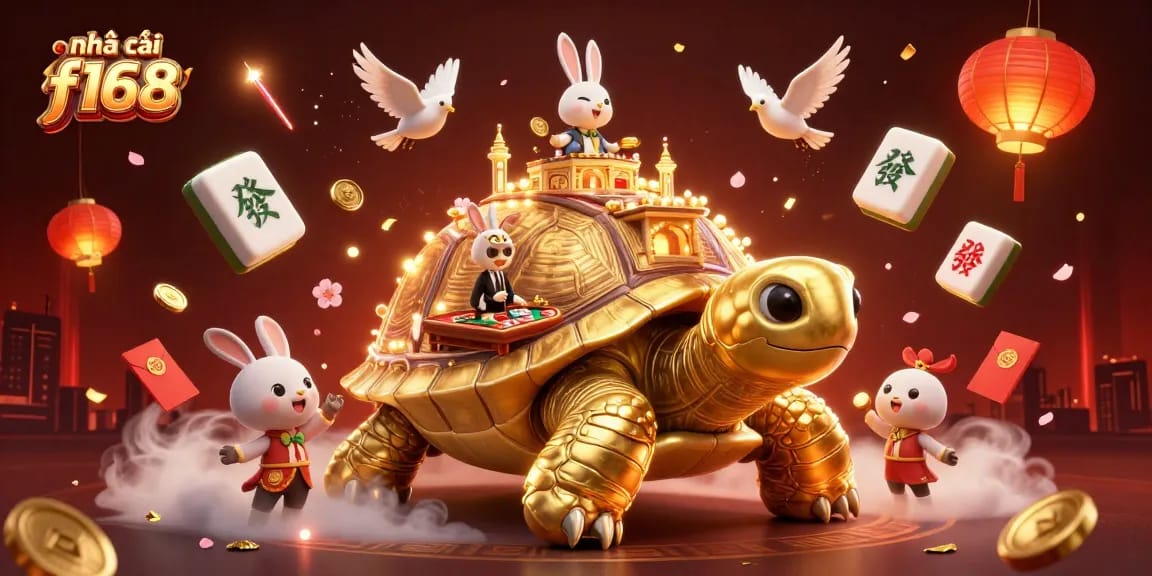 Experience the fun of nhà cái f168 with a vibrant 3D casino scene featuring a golden tortoise and rabbit dealer.