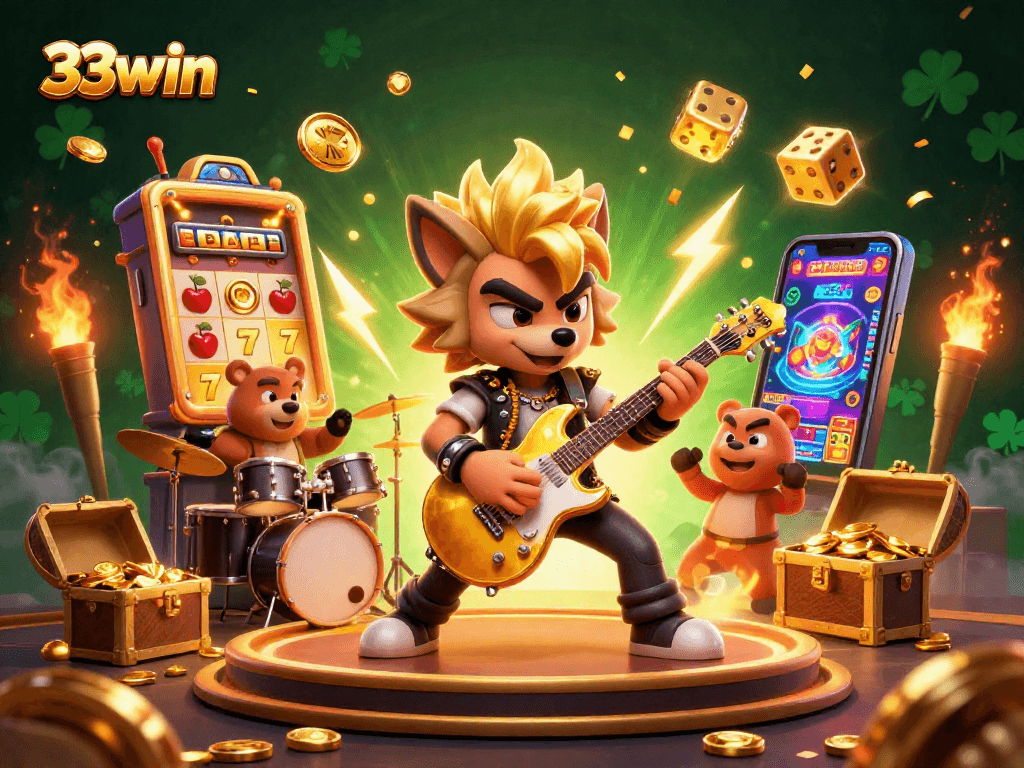 Experience the thrill of 33win as a rock star wolf rocks the casino stage with vibrant game elements.