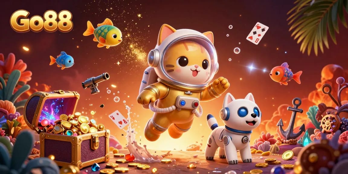 Engage with Go88's vibrant 3D scene of a golden space astronaut cat and robot dog amidst casino elements.
