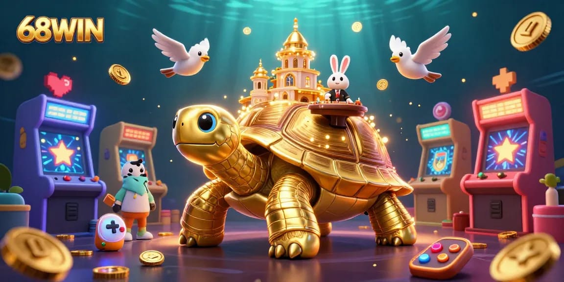 Experience thrilling gaming adventures with 68WIN, featuring vibrant 3D illustrations of exciting casino elements.