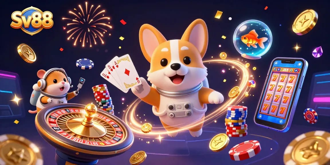 Engage in thrilling Sv88 casino adventures with a floating corgi and colorful gaming elements.