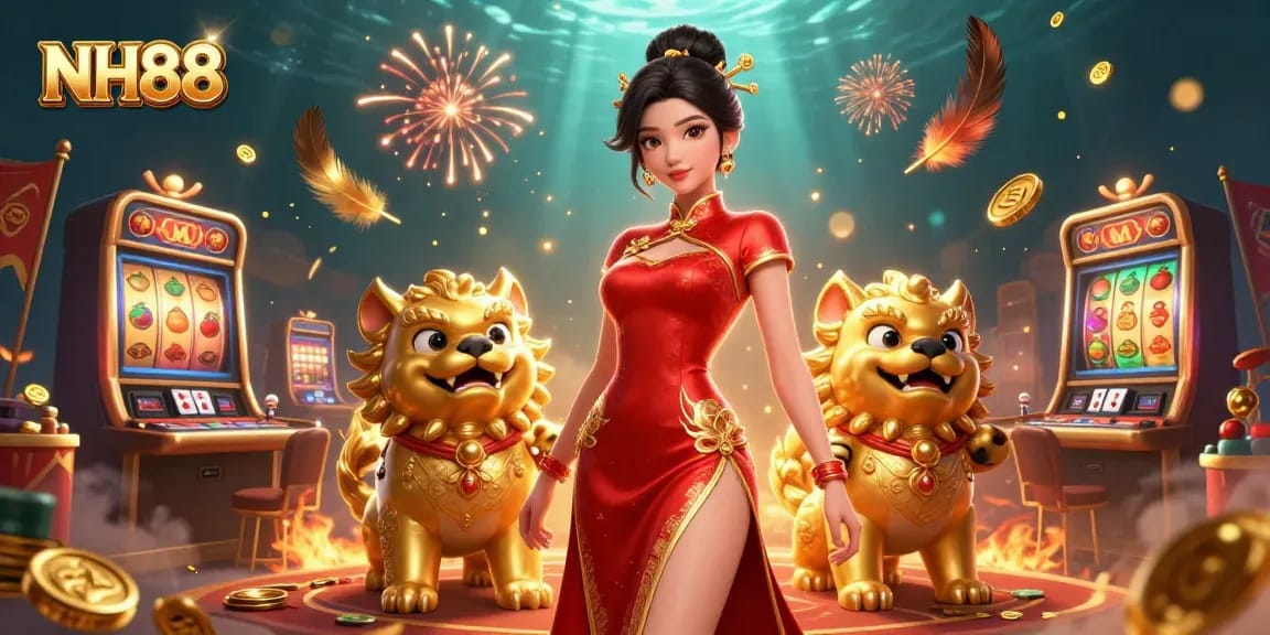 Experience the thrill of NH88 with a glamorous woman amid dynamic casino elements and festive fireworks.