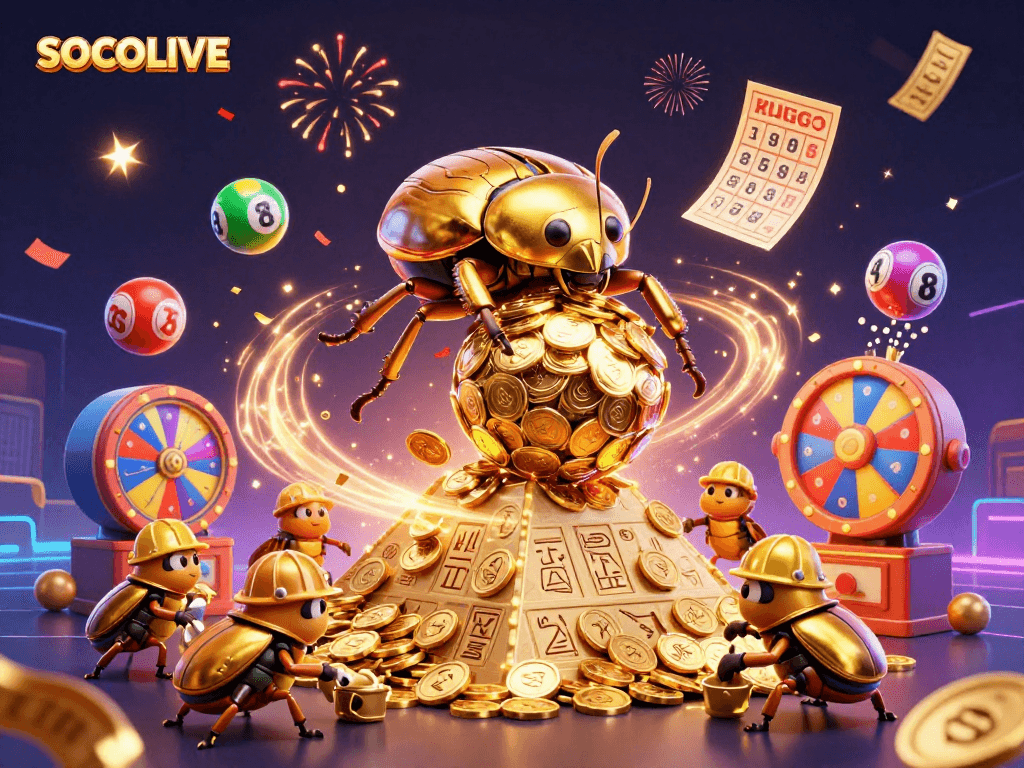 SOCOLIVE showcases a thrilling lottery scene with vibrant balls, golden tickets, and energetic illustrations in a dynamic atmosphere.