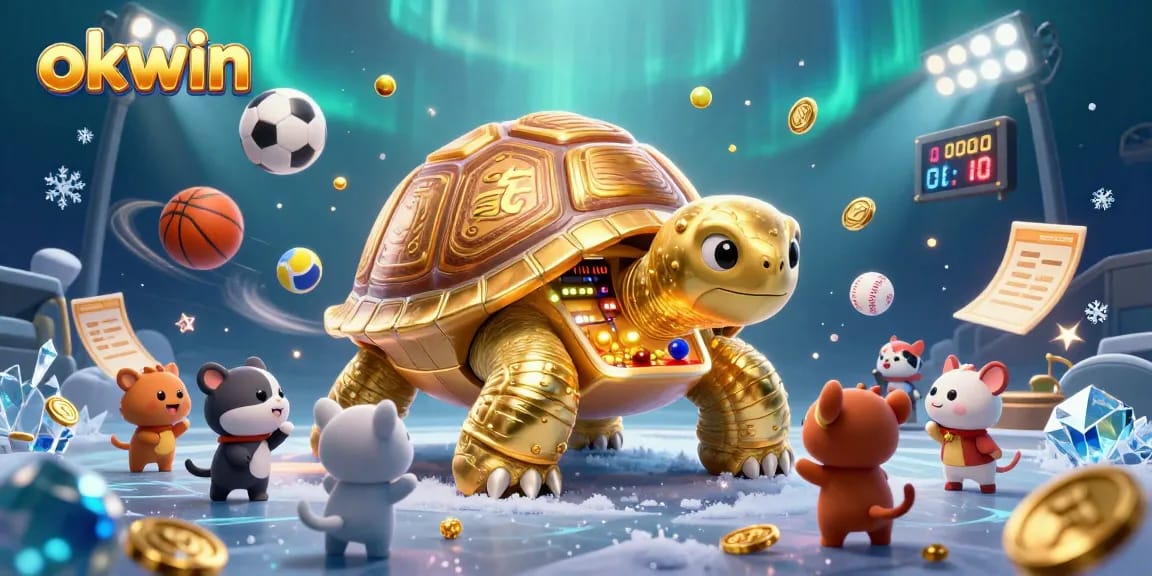 Engage with okwin's exciting golden tortoise pinball game amidst vibrant sports elements and joyful characters.