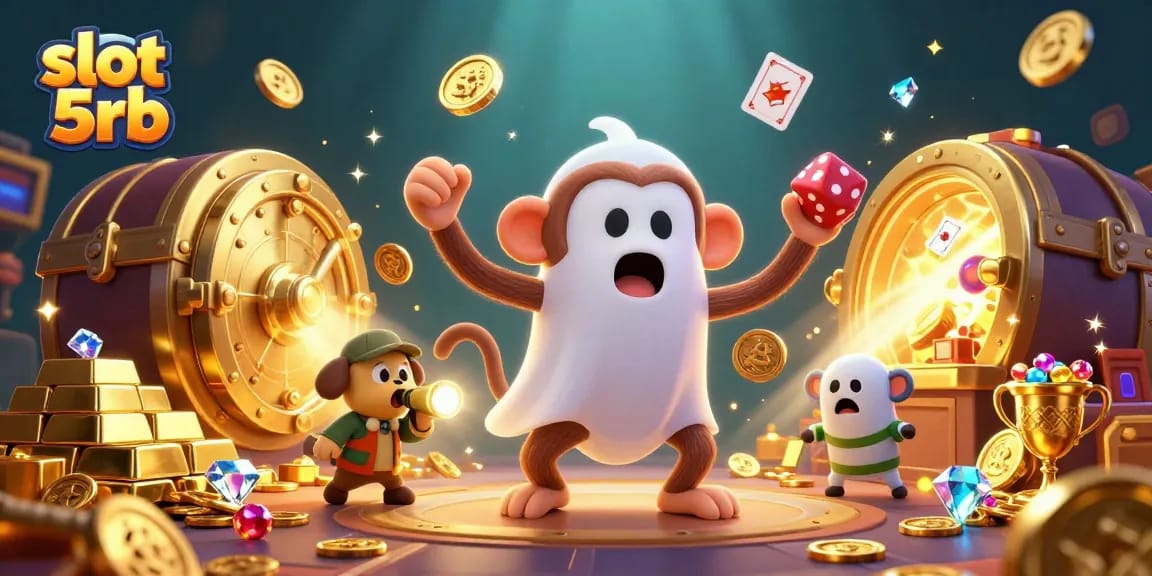 Engage with slot 5rb adventures through a vibrant casino scene showcasing a mischievous monkey and ghost-hunter puppy.