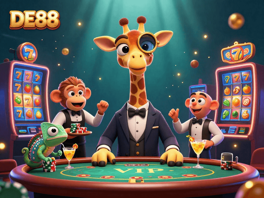 Experience the thrill of DE88 with vibrant slot themes and animated casino characters.