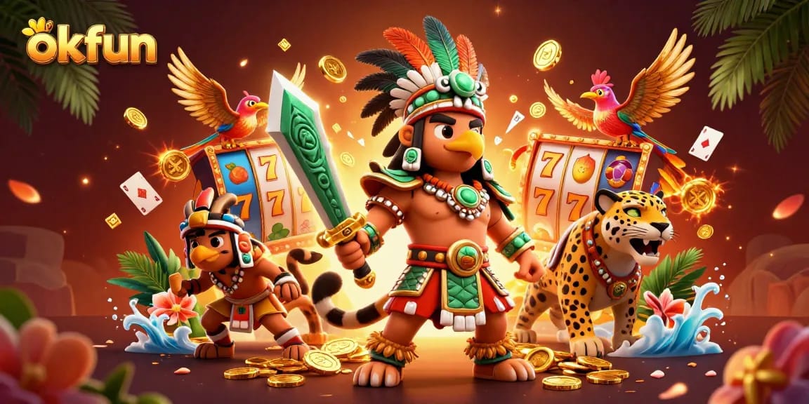 Experience the excitement of okfun with vibrant slot reels, Aztec warriors, and golden game elements.