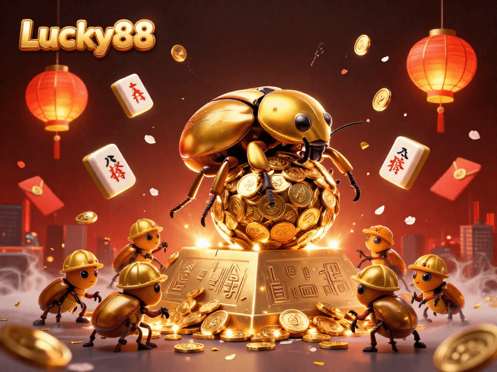 Experience the thrill of Lucky88 with colorful coin-rolling beetles in a vibrant casino scene.