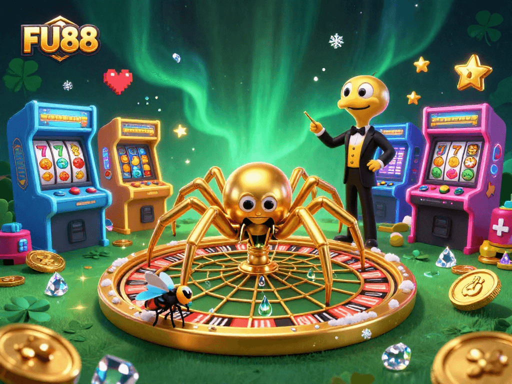 Place bets on FU88's thrilling 3D casino adventure amidst vibrant game elements.