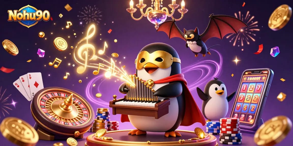 Nohu90 casino penguin playing music with golden coins and dynamic gaming elements