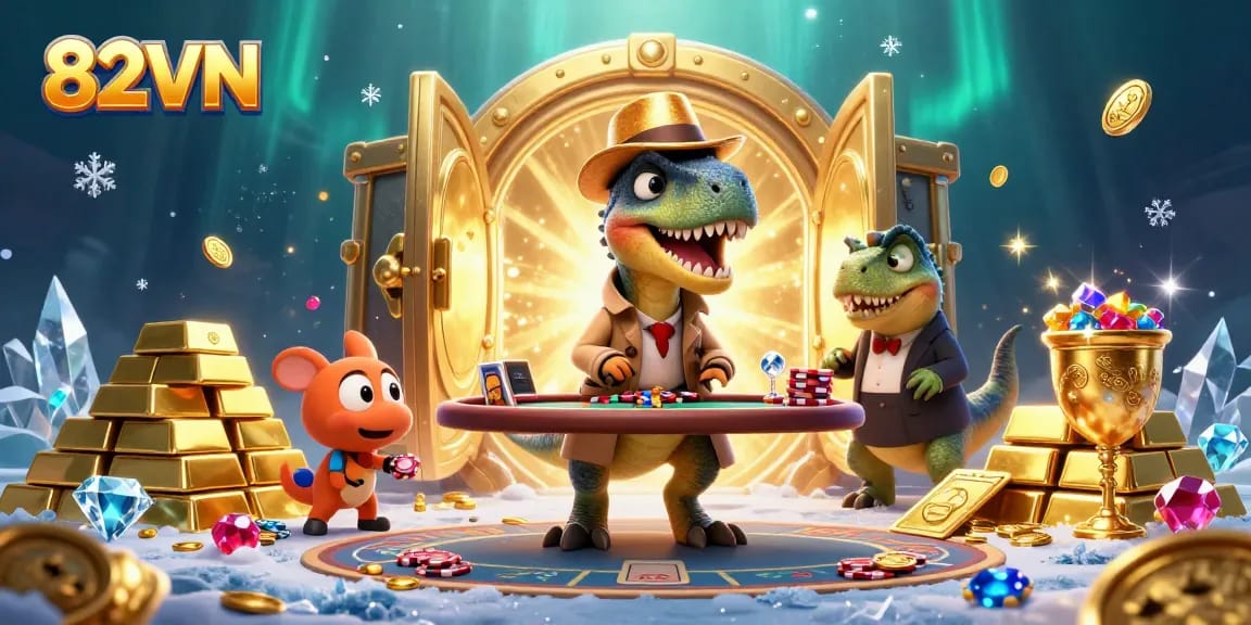 Experience the excitement of online gambling with 82VN featuring vibrant characters in a dynamic casino scene.