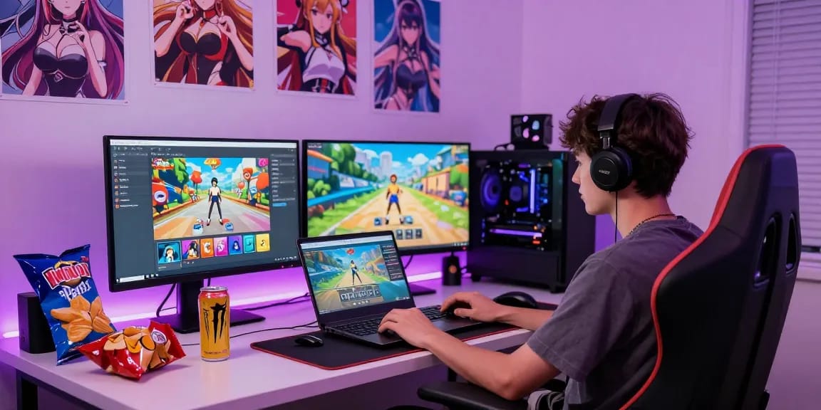 Engaged young adult playing real ecchi games in a colorful gaming setup with snacks.