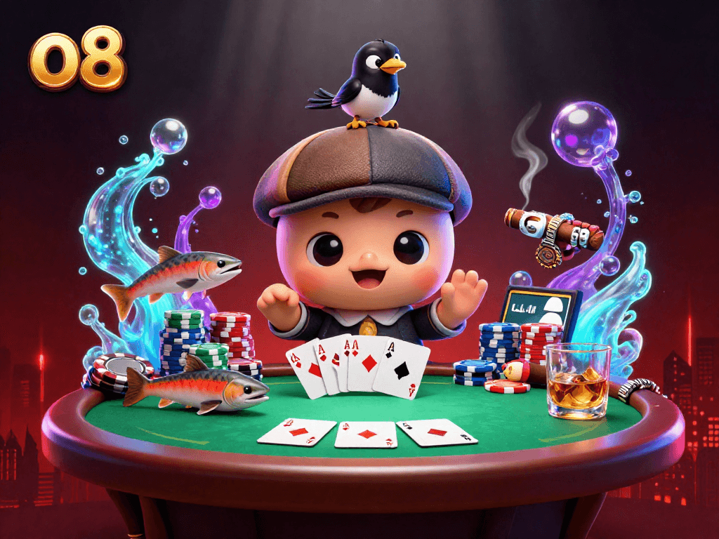 Engage in thrilling action at o8 with a vibrant casino scene showcasing poker tables, colorful chips, and playful characters.