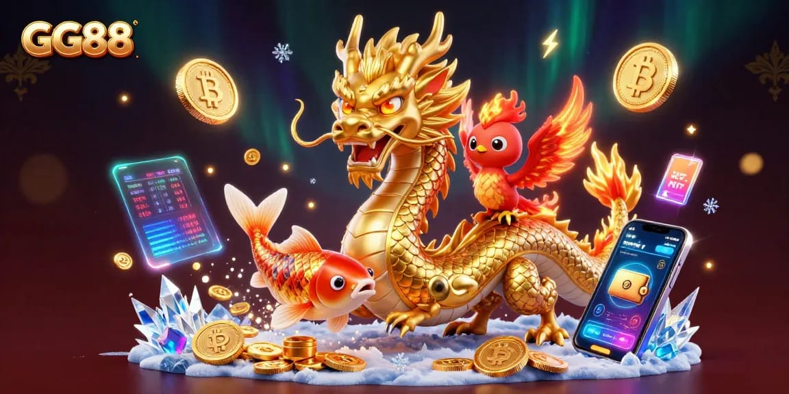 GG88 engages players with a vibrant 3D casino scene featuring a golden dragon and coins cascading through the air.