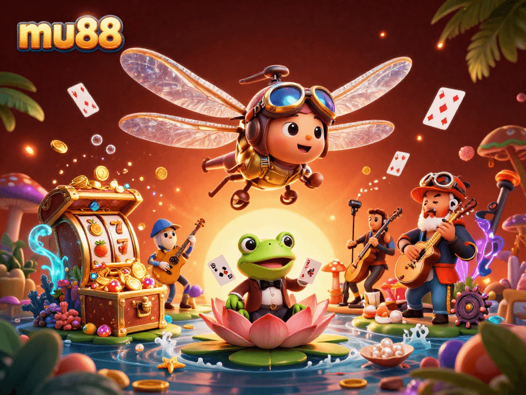 Experience the excitement of mu88 with a vibrant 3D casino scene featuring a dragonfly pilot and frog croupier