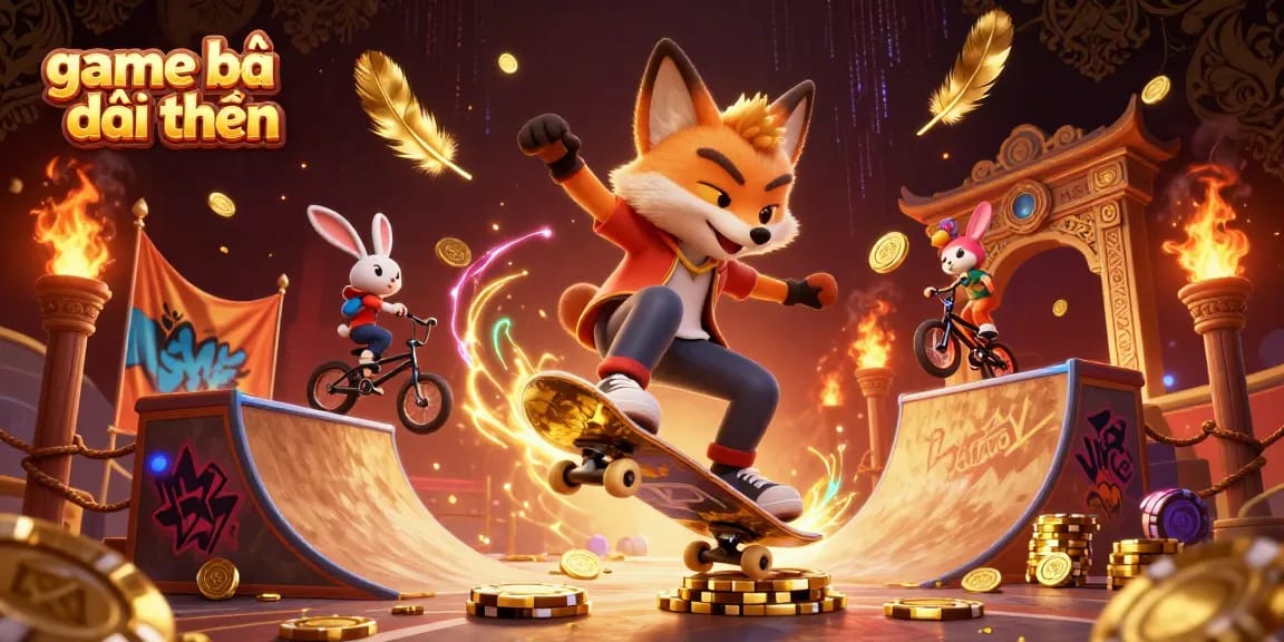Engage in thrilling game bài đổi thưởng with a fox and rabbit in a vibrant 3D casino scene.