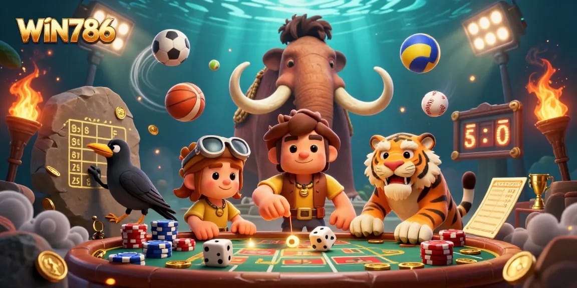 WIN786 offers a thrilling casino experience with fun betting elements and vibrant characters in this 3D illustration.