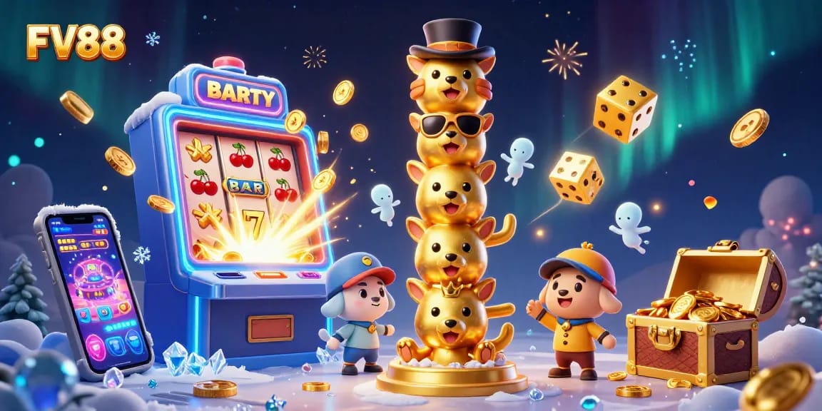Engage in thrilling gameplay at FV88 with vibrant slot machines and dynamic characters showcasing the excitement of online betting.